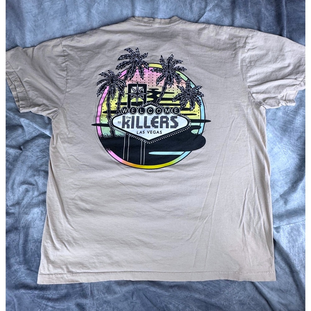The Killers Las Vegas Graphic T-Shirt Mens 2XL Beige Tan Dotted Logo Band Tee
